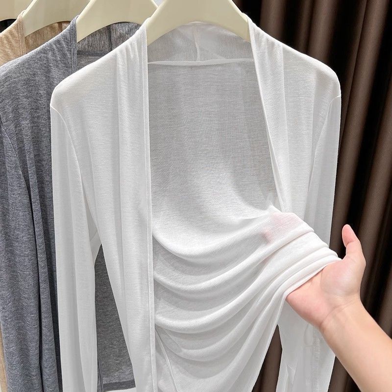 Dámský bílý průsvitný kardigan s dlouhým rukávem, otevřený vpředu, lehký, volný, ležérní top