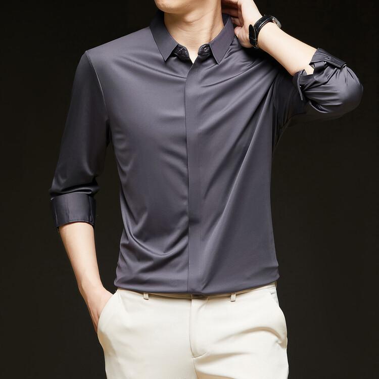 Men’s High-End Hidden Placket Long Sleeve Ice Silk Dress Shirt