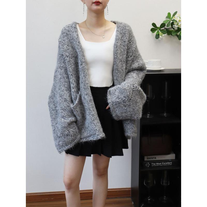 Purple knitted cardigan autumn and winter new design lazy style loose high-end sweater jacket women
