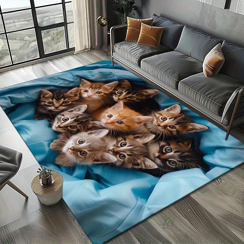 Kitten Print Polyester Rug, Non Slip Vibrant Design, Cute Bedroom Decor, Crystal Soft Living Room Mat, Cozy Floor Accent