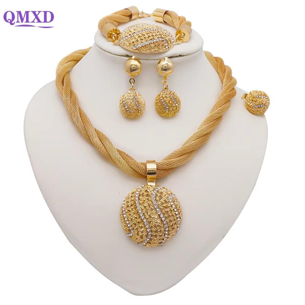 Simple Elegant Gold Color Women Jewelry Sets Necklace Earrings Bracelet Rings Sets Fashion Set Dubai Wedding Banquet Party Gifts