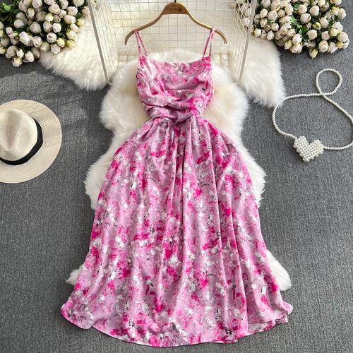 Beach Vacation Strapless Floral Camisole Dress  A Line Slim  Sleeveless Backless Dress for Summer