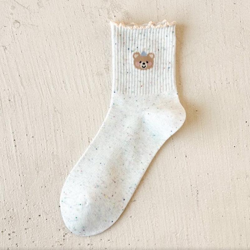 Polka Dot Panda Embroidery Cotton Mid-Calf Socks - Cute Japanese Style for Spring and Autumn