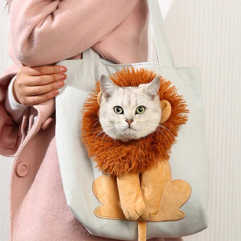 New Adorable, Practical, and Cute Lion Shaped Canvas Pet Shoulder Bag - Convenient Portable Cat Tote with Shoulder Strap - Handy