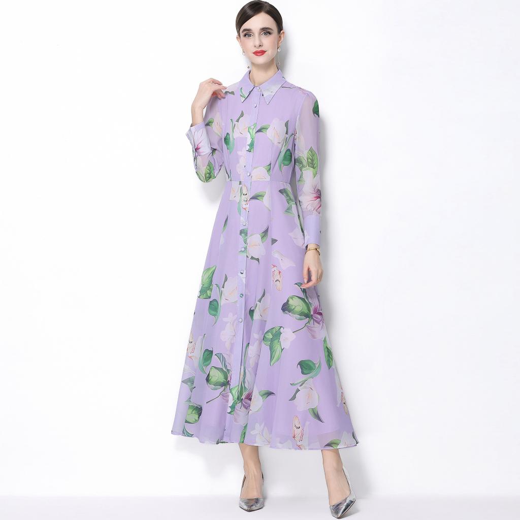 Spring Clothing for Women 2026 New Style High-End Flower Printed Belt Slim-Fitting Long French Long Sleeve Chiffon Maxi Dress