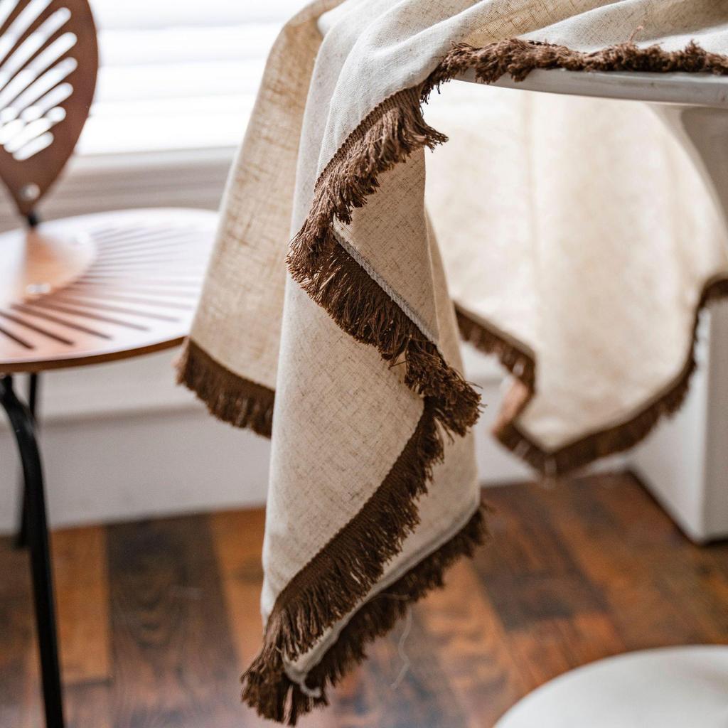 Imanqiyun Khaki Tassel Tablecloth - American Country Linen Blend Rectangular