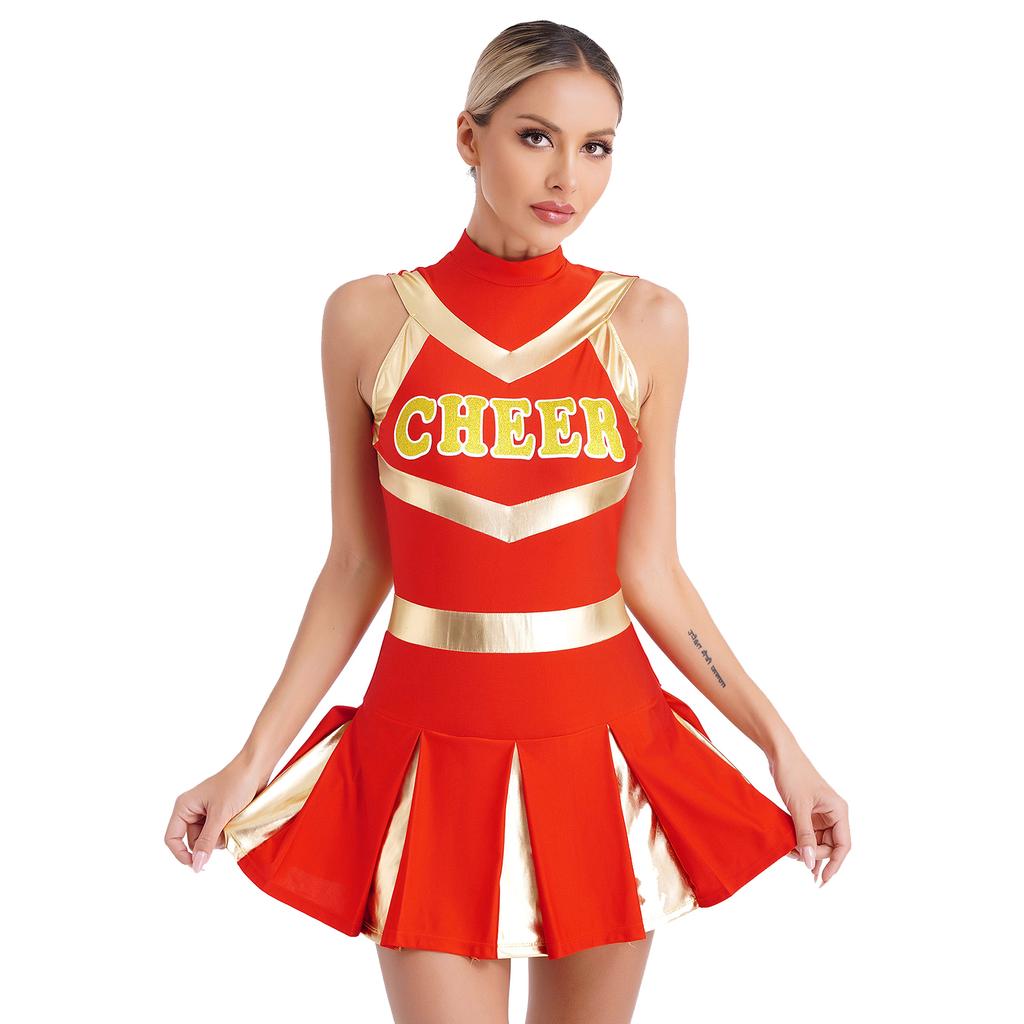 Womens Sparkling Cheerleader Dress Sleeveless Pleated Print Design Youthful Schoolgirl Uniform Halloween Costume