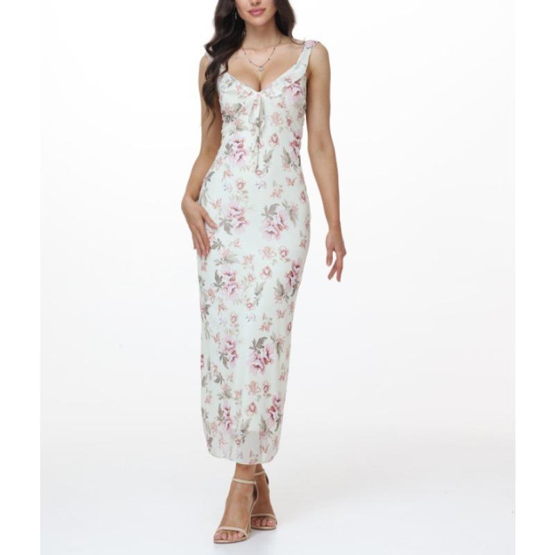 Summer Flower Printed Women's Sexy Low Cut Dress Sleeveless Backless Slim Sling Dresses Beach Vacation Lady Vestidos