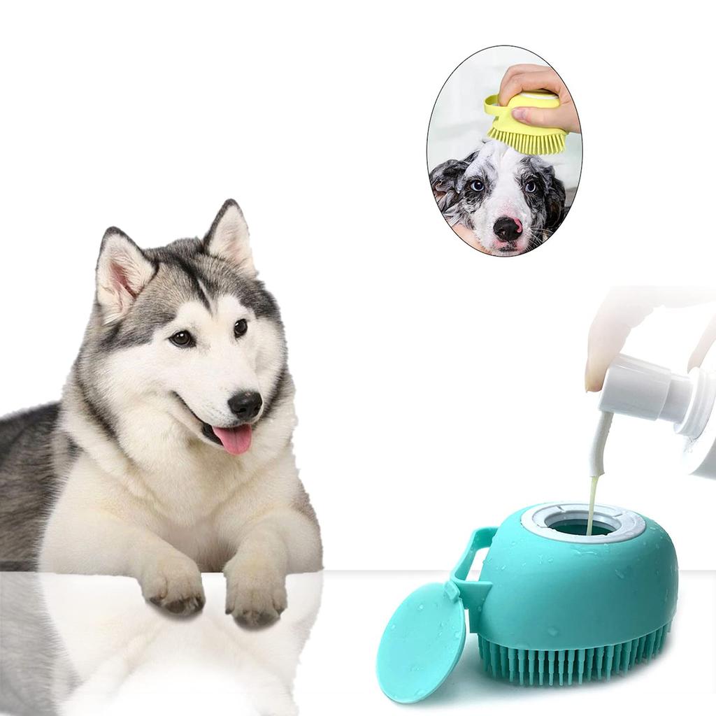 Sangelar Pet Grooming Bath Massage Brush with Soap and Shampoo Dispenser Soft Silicone Bristle for Long Short Haired Dogs Cats Shower