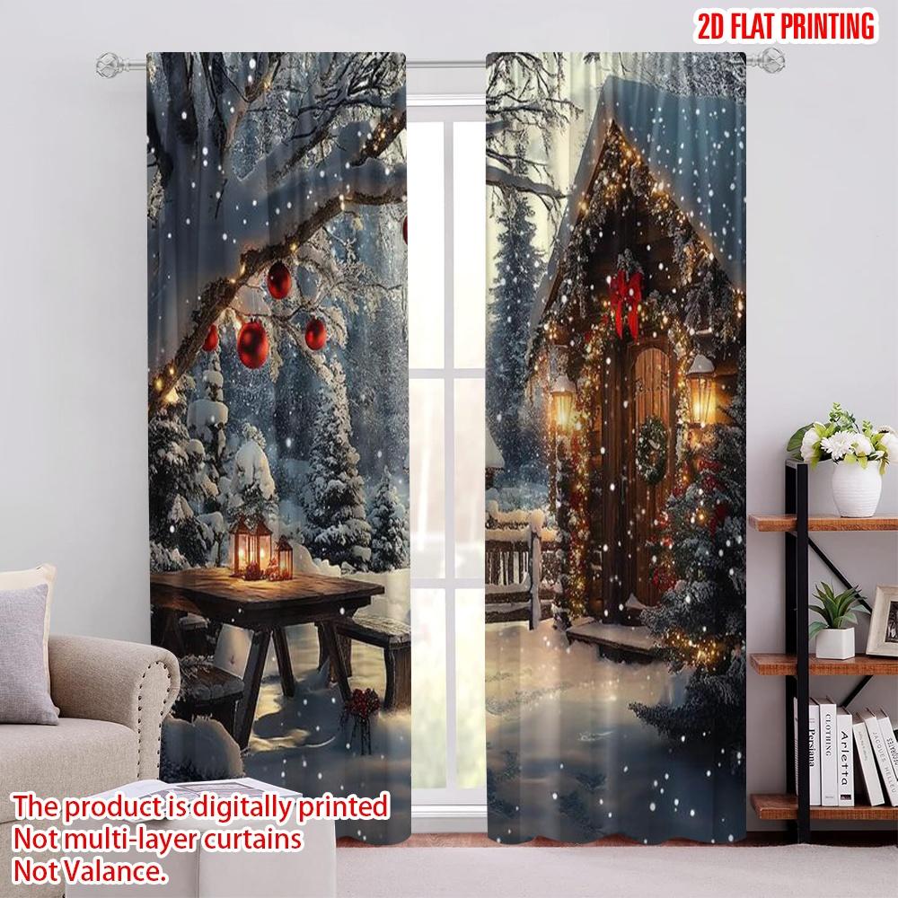 

Set Of 2 Flat Printing Merry Christmas Popular Window Curtains Polyester Without Electricity Festive Curtain Made Machine Washable W100*H70(CM)-Rod Pocket&1PCS