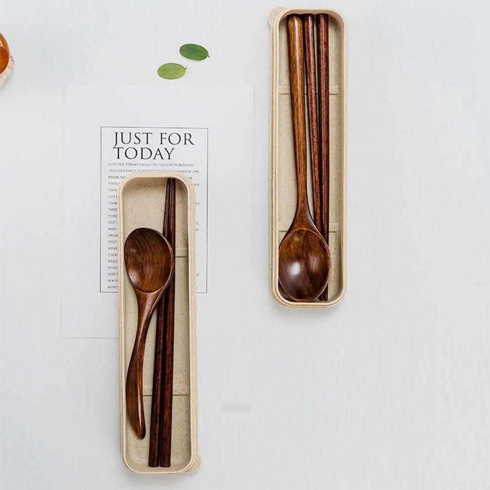 with Box Wooden Fork Chopsticks Natural Rice Soups Spoon Utensil Cereal Fork  Kitchen Accessories
