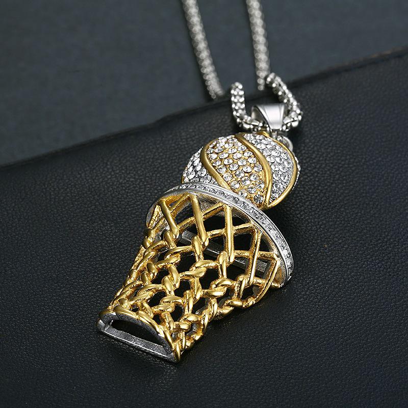 Gold Rhinestone Basketball Hoop Pendant Necklace, Hip Hop Style, Color-Preserving Titanium Steel