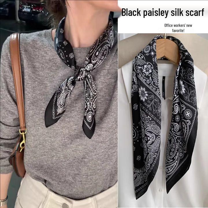 Women's Korean Style Retro Printed Imitation Silk Scarf for Professional and Casual Use