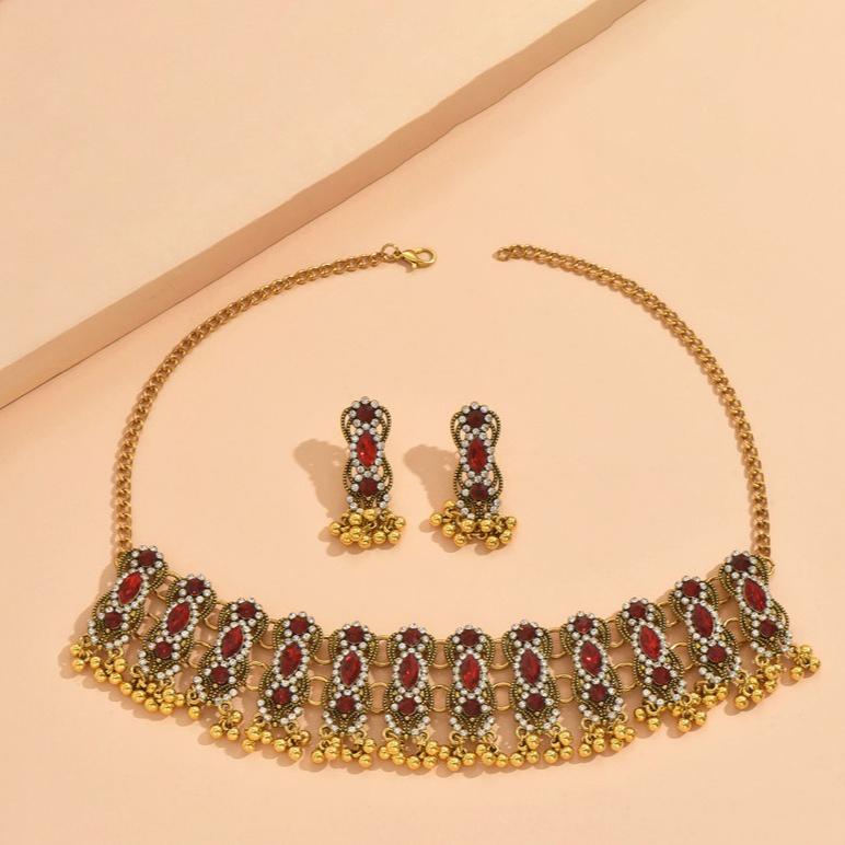 Vintage Ethnic Inlaid Colorful Crystal Stone Daily Outfits Party Accessories Statement Necklace Earrings Jewelry Gift