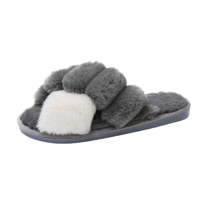 Autumn and Winter Fluffy Slippers Cross Fashion Plaid Indoor Cotton Mop Plush Shoes Flat Non-slip Cotton Mop Warm Shoes