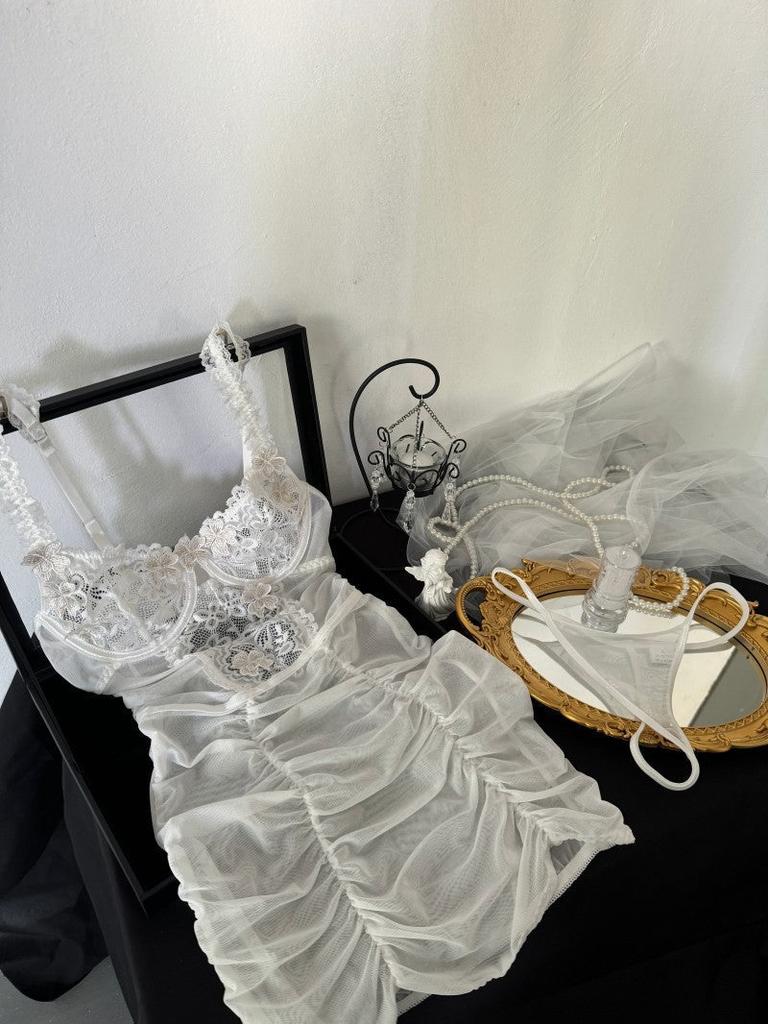 Dnika  Strapless Dress With Floral Lace Splicing And Thong Set Underwear