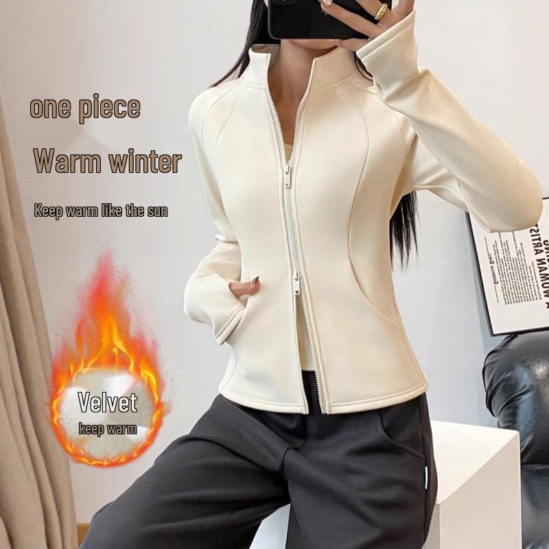Women's Stand Collar Velvet-Lined Sports Jacket for Running, Cycling, and Yoga - Long Sleeve for Autumn & Winter