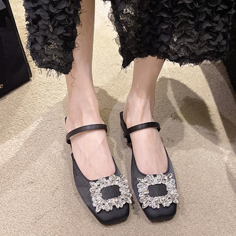 Fashion Women's Slippers 2024 Summer New Mules Crystal Slingback Dress Flip Flop Female Designer Mary Jane Square Toe Flat Shoes Sandals