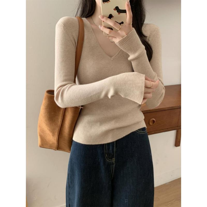 Autumn Winter V-neck Solid Color Knitting Pullover Top Women Casual Fashion Elastic All-match Slim Sweater