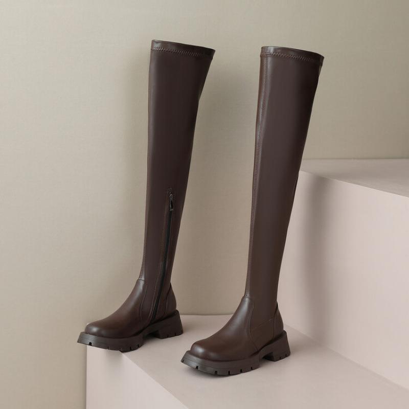 

Осенне-зимние удобные ботфорты женские средний каблук круглый носок большой размер женские сапоги новая резиновая подошва кожаные сапоги черный квадратный 34