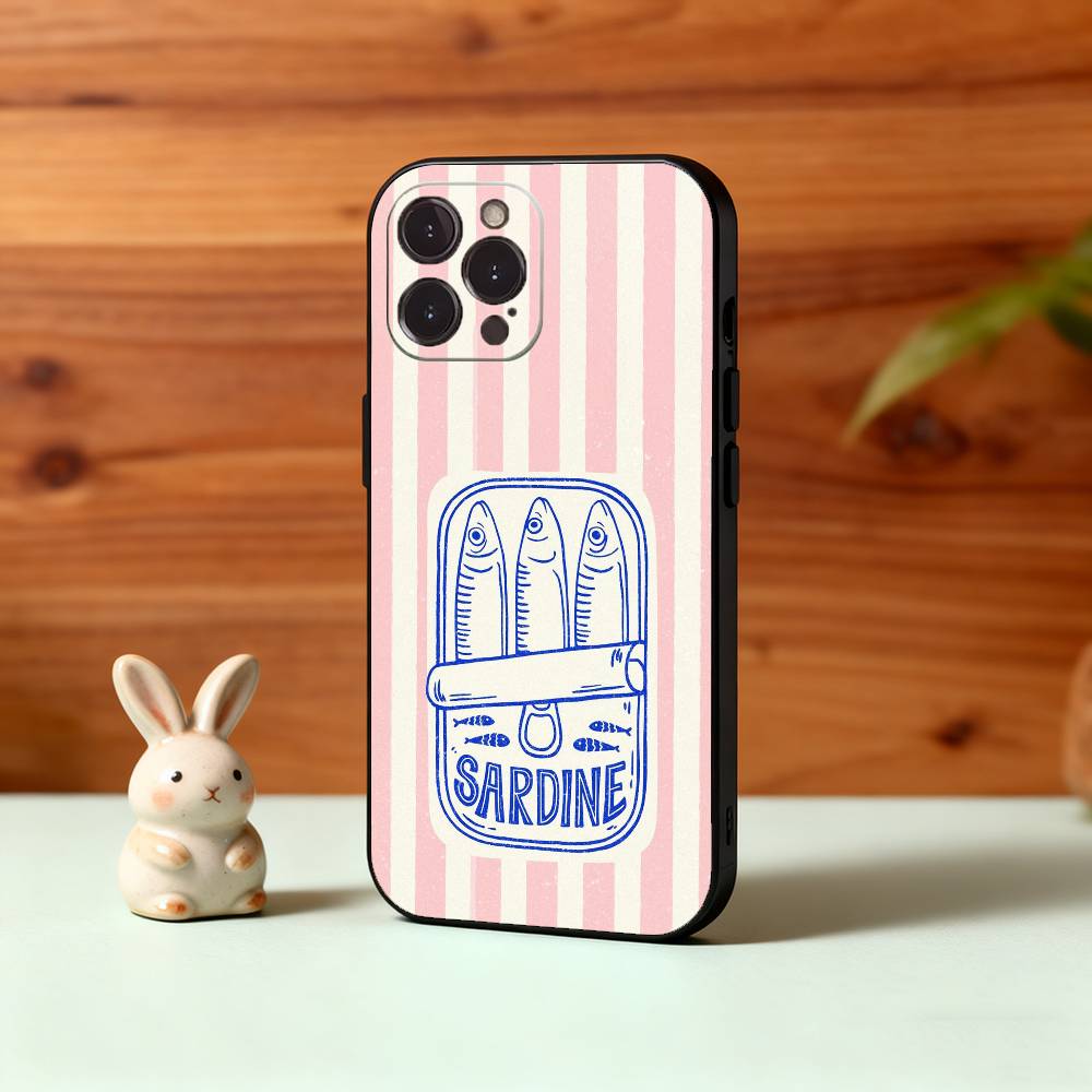

V-Vintage Canned Sardines Phone Case For iPhone17,16,15,14,13,12Plus,Pro Max,XS,5G Soft Silicone Black Cover iPhone16pro