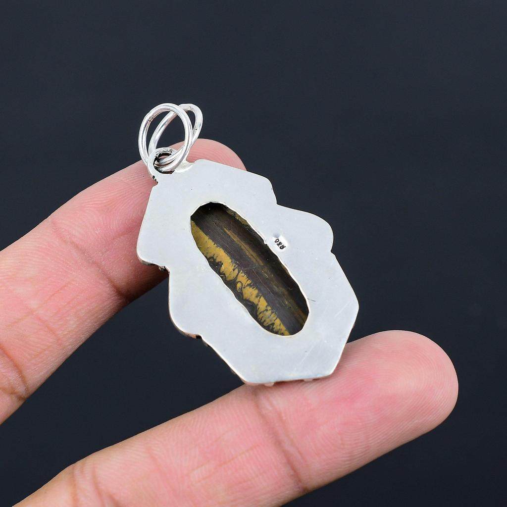 Daughters Day Sale Oval Natural Iron Tiger Eye Bezel Wife New Pendant 925 Silver