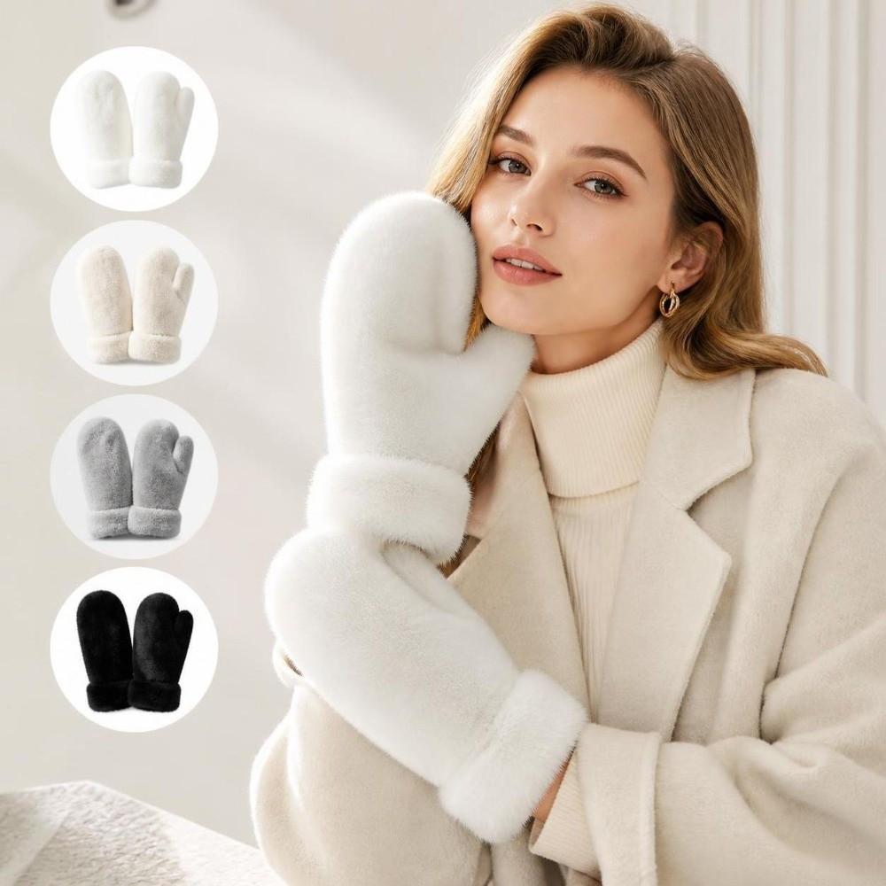 1pair Windproof Plush Gloves Thickened Winter Mittens Simple Full-Finger Gloves  Women