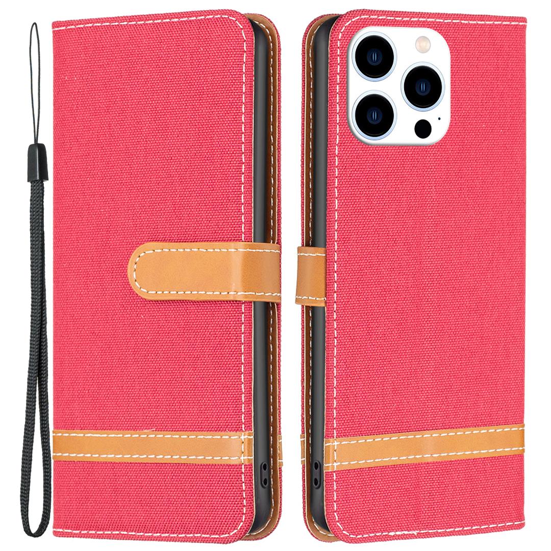 

For iPhone 16 Pro Case Jeans Cloth Texture Wallet Splicing Phone Leather Cover Red