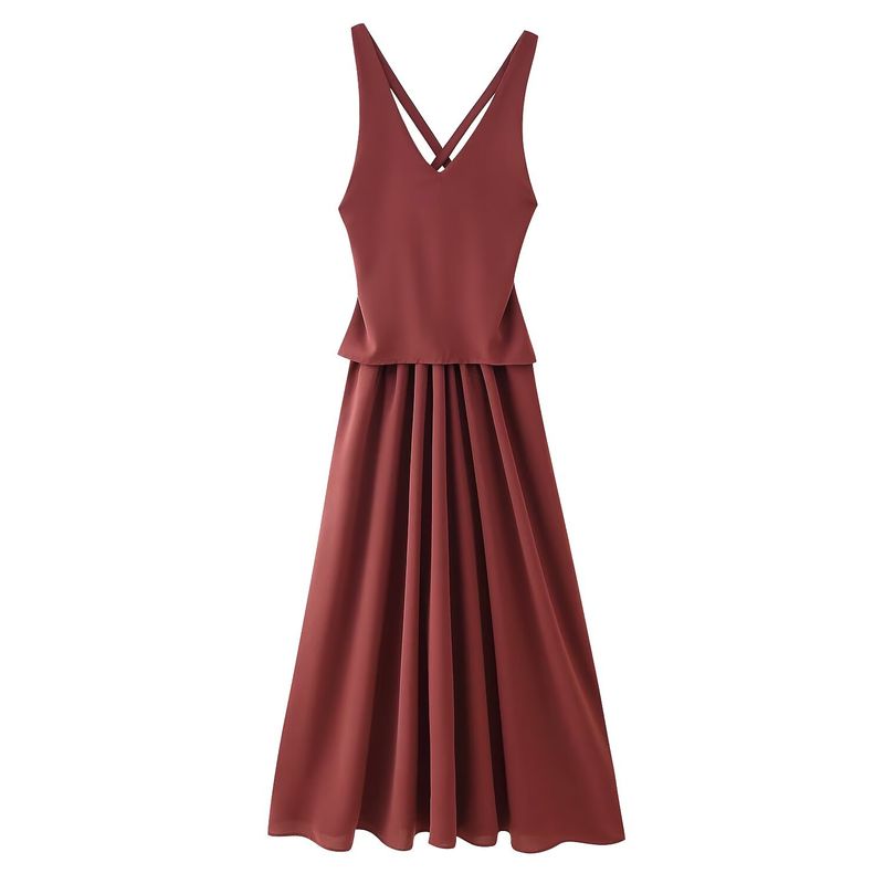 

Kaslead New Arrival Women s Clothing Fashion Style Fashion Patchwork Simple Graceful Sleeveless Midi Skirt Dress Red L