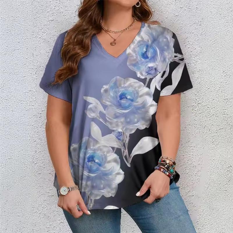

Цветовая комбинация Женские футболки Красочные цветы Футболка с коротким рукавом и V-образным вырезом Оверсайз Повседневный топ Летняя уличная одежда 7XL