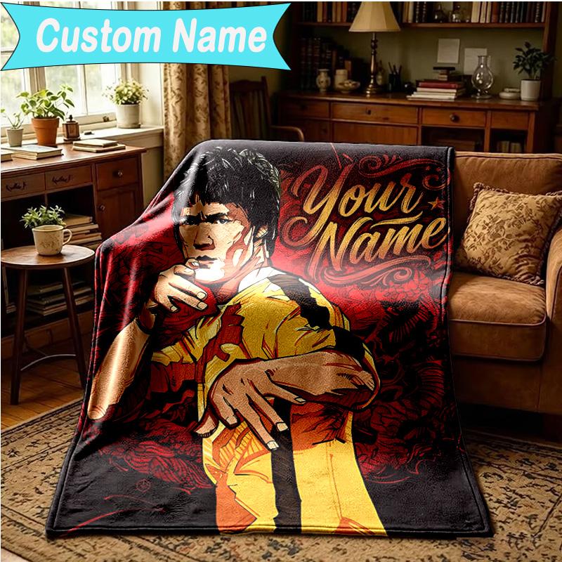 1PC Custom Name Blanket Dynamic Bruce-Lee Pose Flannel blankets Patterns Throw Blanket All-Season Soft Gift for Couch, Bed, Camping, Birthday gifts