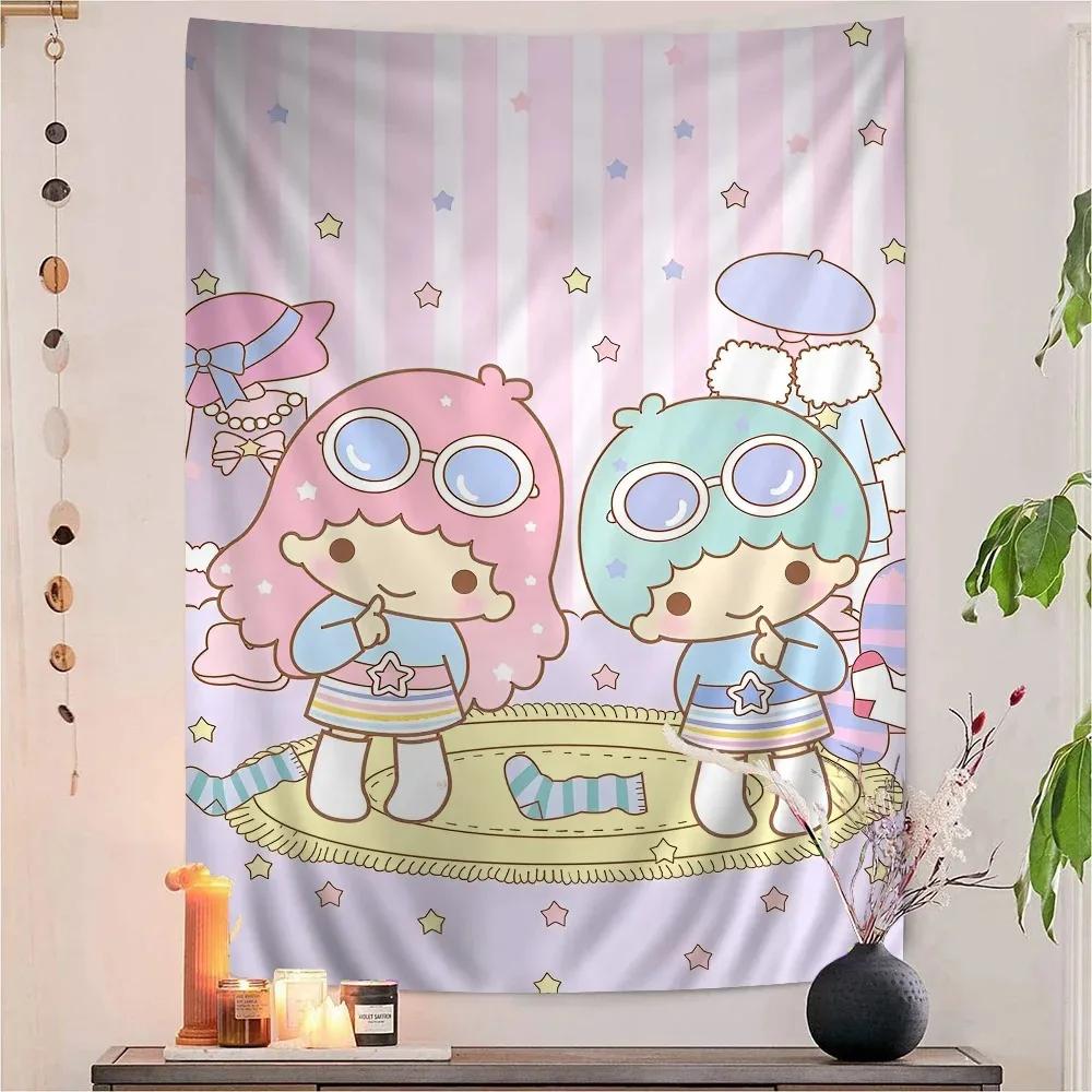 Sanrio Gemini Twin Stars Colorful Tapestry Wall Hanging Hippie Flower Wall Carpets Dorm Decor Wall Kawaii Room Decoration