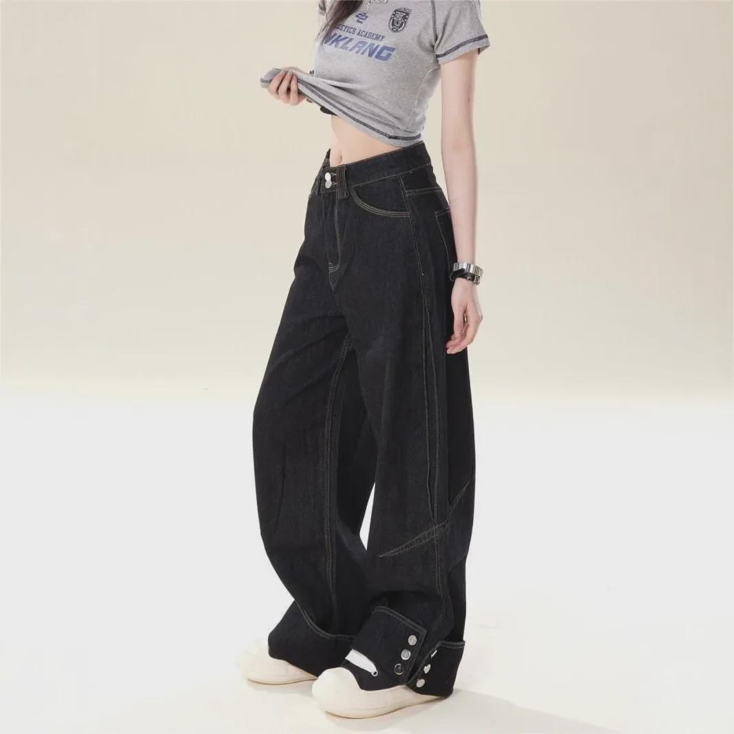 

Women s High-Waisted Black Retro Wide-Leg Jeans with Cuffed Hem M чёрный