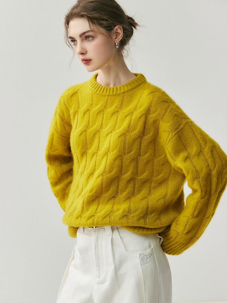 Women's Heavyweight Cable Knit Cashmere Pullover - Fall/Winter Long Sleeve Round Neck Sweater