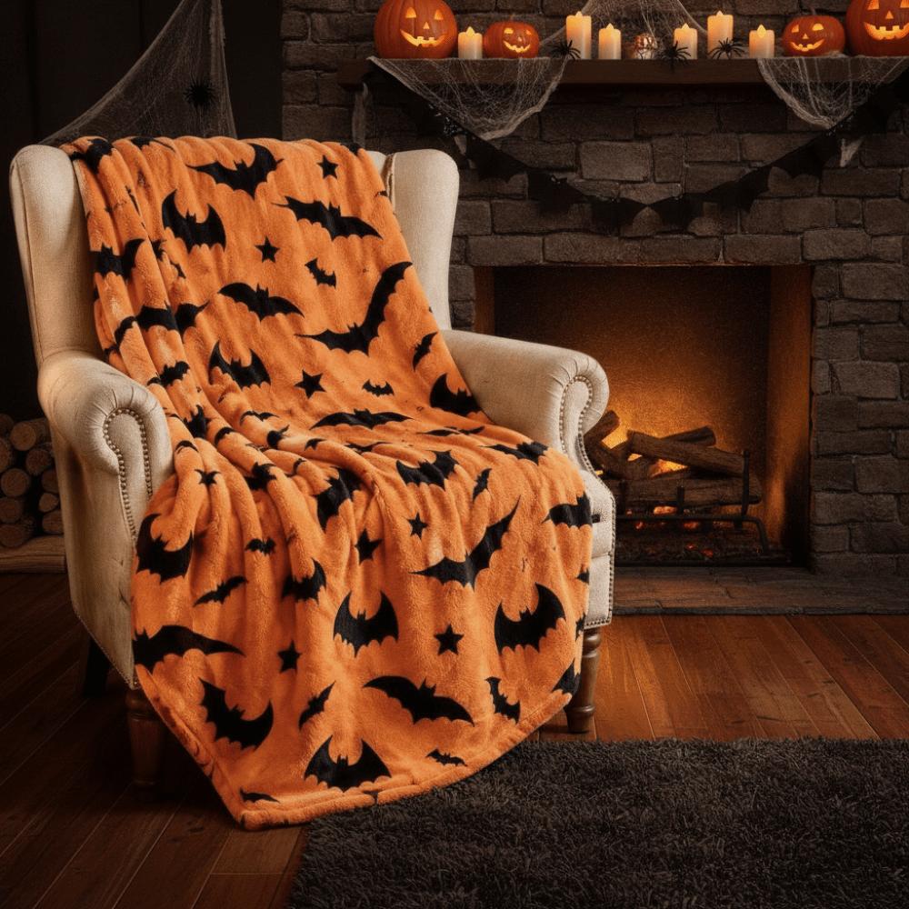 Soft Office Nap Blanket Bat Ghost Print Sofa Throw Blanket Cozy Halloween Flannel Blanket Bed Room