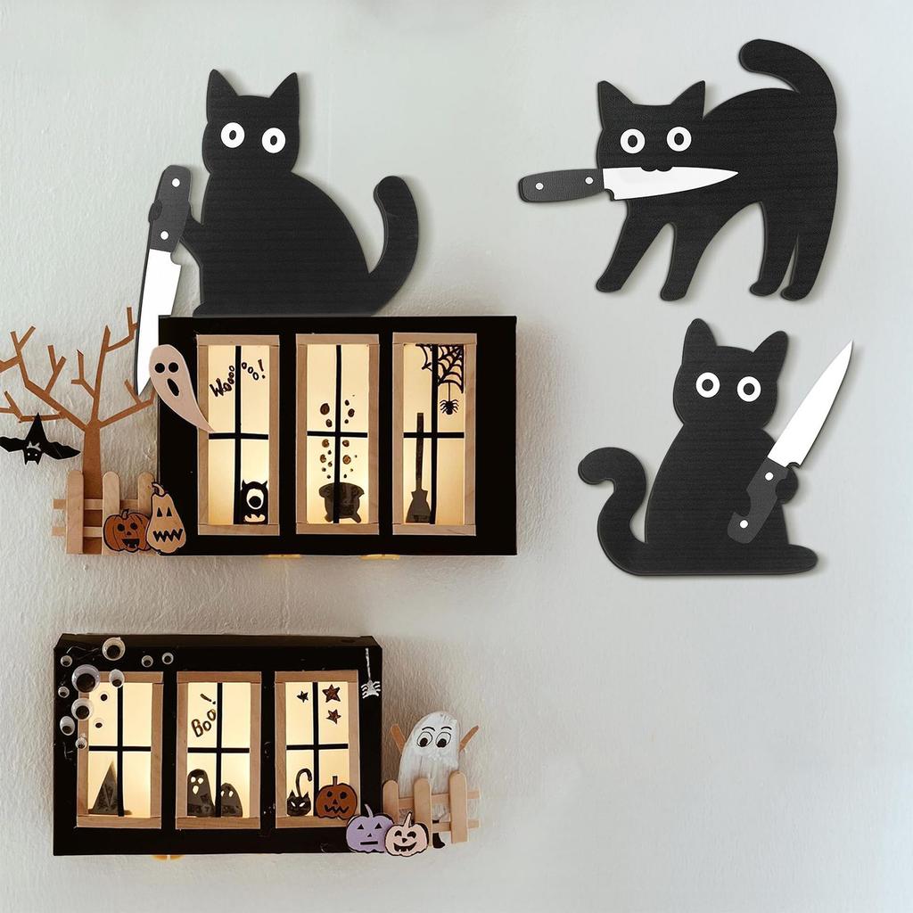 3Pcs Spookmas Indoor Decoration Wear Resist Wooden Spooky Wall Decors Funny Knife Cat Craft Pendant For Home Room Entryway Shelf