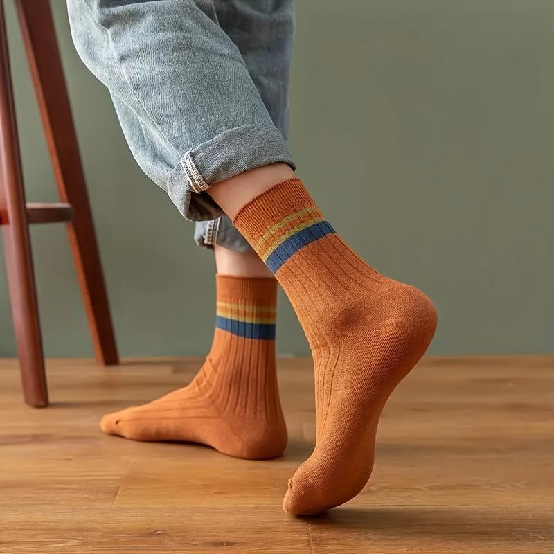 7 Pairs Of Men's Trendy Striped Pattern Crew Socks, Breathable Comfy Casual Unisex Socks For Men's Outdoor Wearing