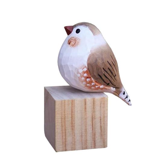 Hand-Carved Painted Wooden Bird Figurine Rustic Small Zebra Finch Statue Sculpture Ornament Decoration for Home Office Living Room