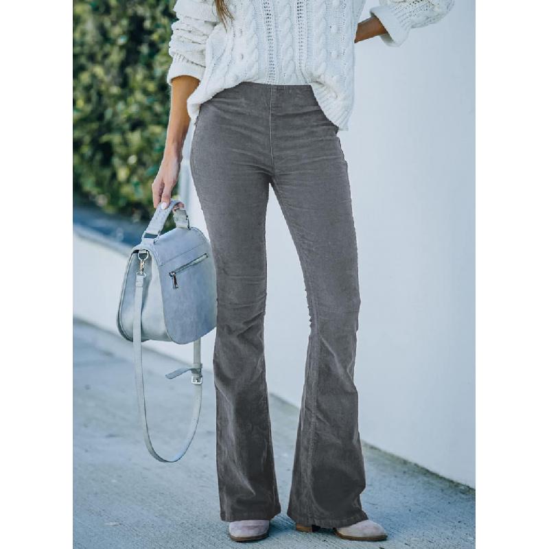 2026 Spring/Summer Women's Solid Color High-Waisted Slim Fit Slight Flare Corduroy Elastic Waist Casual Pants