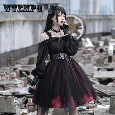 Frauen Lolita Gothic Kleid Mädchen Rüschen Mesh Puff Sleeve Steampunk Cosplay Unregelmäßige Schwarz Vintage Kleider Mode