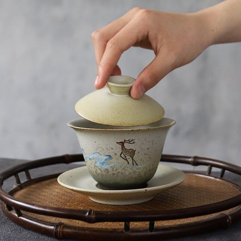 150ml Ceramic Lid Bowl Vintage Tea Bowl Three Talents Bowl