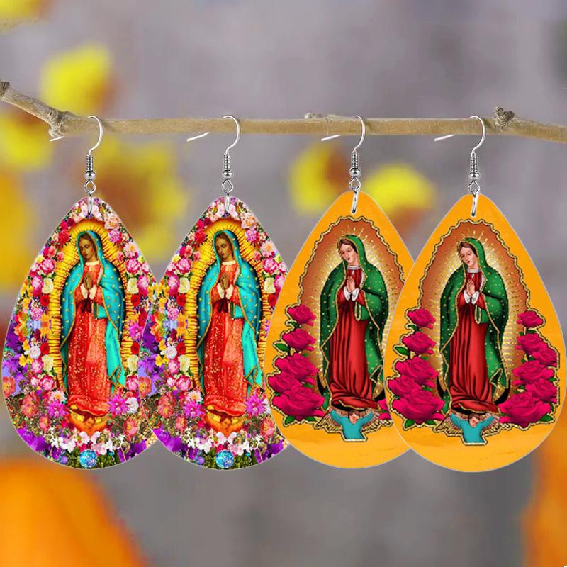 

2 пары Мэри, мать Иисуса Христа Серьги-капли из ПУ с принтом розы для женщин девушек Серьги-подвески с Иисусом Украшения для вечеринки