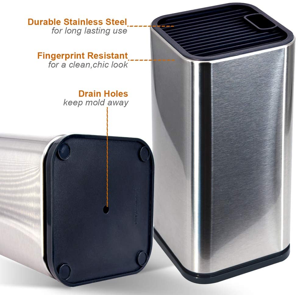 Univerzální blok na nože, držák nožů na kuchyňskou linku, nerezová ocel moderní obdélníkový design s drážkami pro nůžky