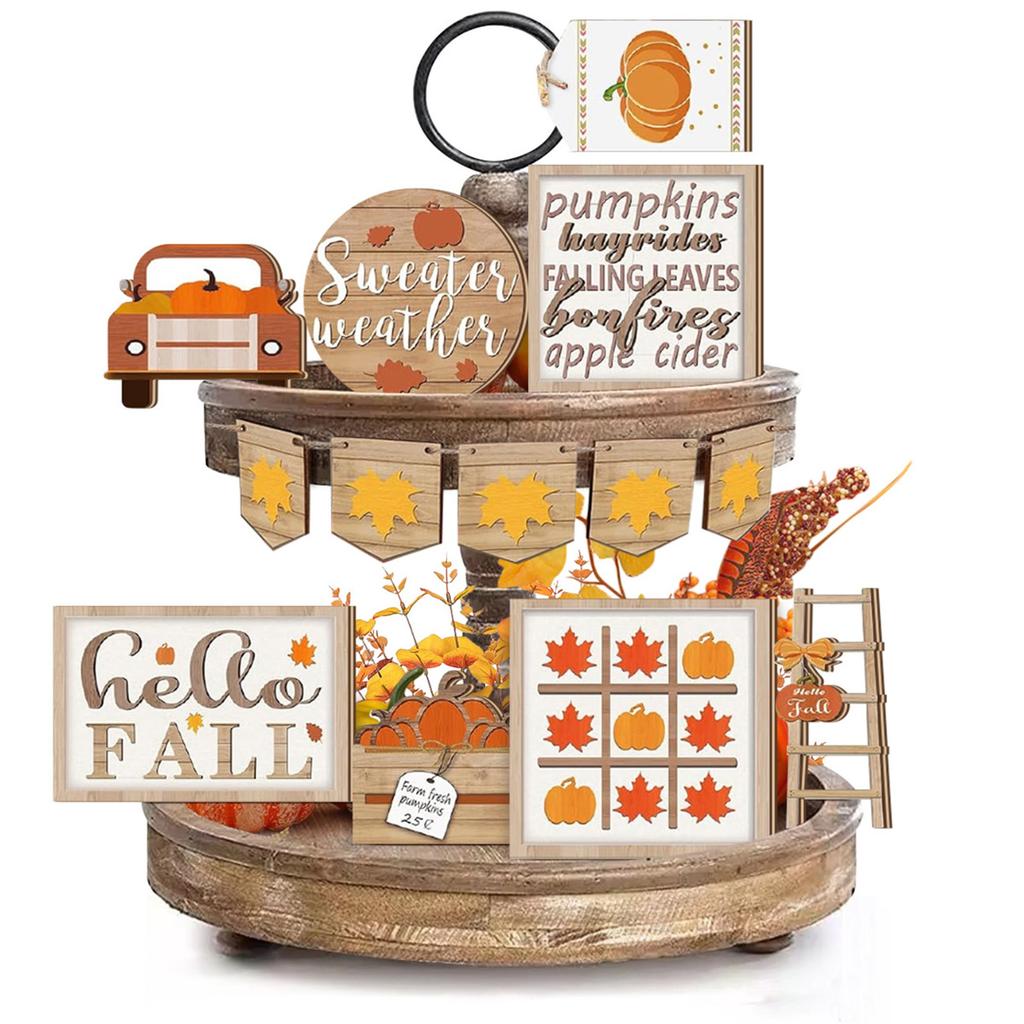 Fall Harvest Wooden Pumpkin Maple Leaf Thanksgiving Table Centerpiece Decor Set of 11 Colorful Home Party Decoration