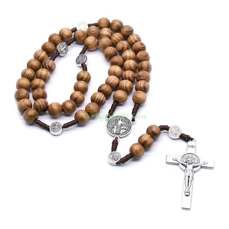 24TE Handmade Round Bead Rosary Necklace Men for Cross Jesus Pendant Catholic Religio
