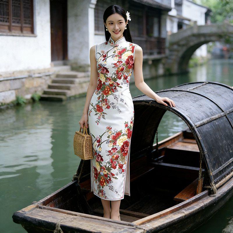 Women Sleeveless Modified Cheongsam, Vintage Floral Chinese Style Midi Qipao Dress, Elegant Formal Split Dress