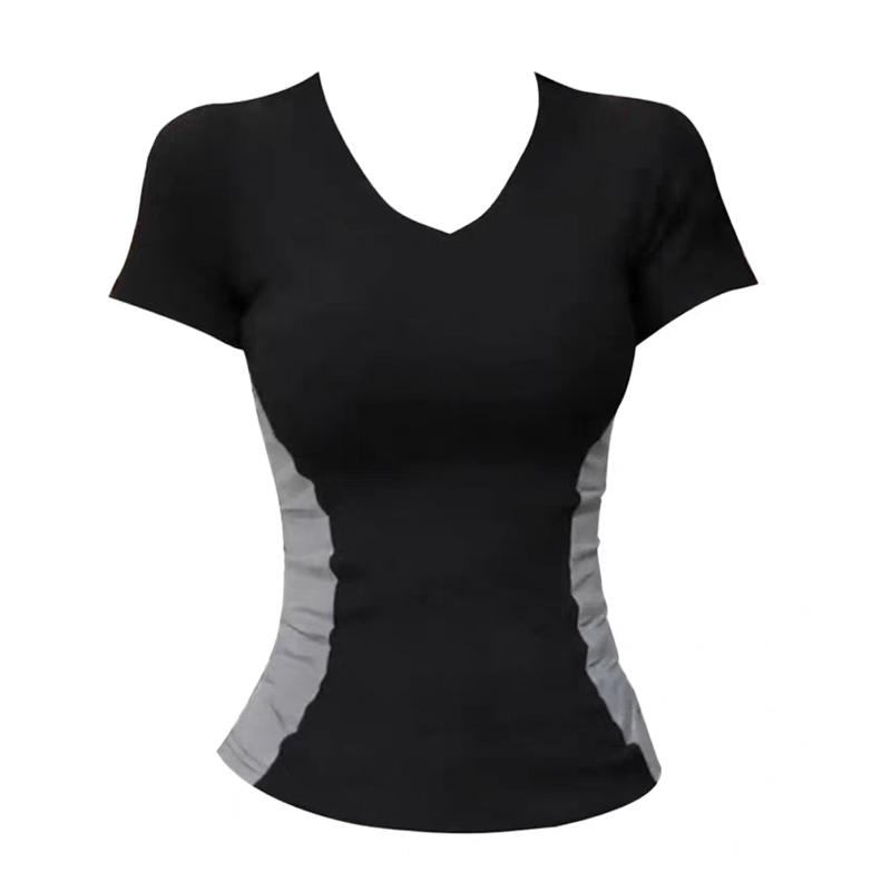 Fashion Women's T Shirt Skinny Slim Basic Patchwork Summer Sexy Short Sleeve V Neck T Shirt Casual Tee Women