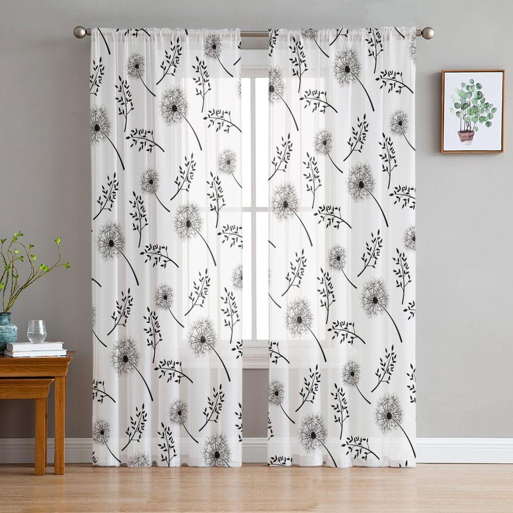 Grey Dandelion Flowers Plants Sheer Curtain for Living Room Bedroom Voile Drape Kitchen Window Tulle Curtains Home Essentials