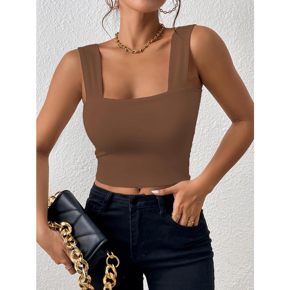 Čtvercový výstřih Tílko Široká ramínka Crop Tops Ženy Léto Košilka Jednobarevná Košilka Módní tubus Dámská zkrácená vesta bez rukávů Y2K Oblečení