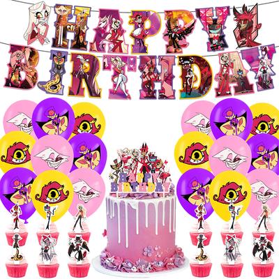 32Pcs Hazbin Hotel Party Supplies Including Balloons, Cake Toppers, A Banner